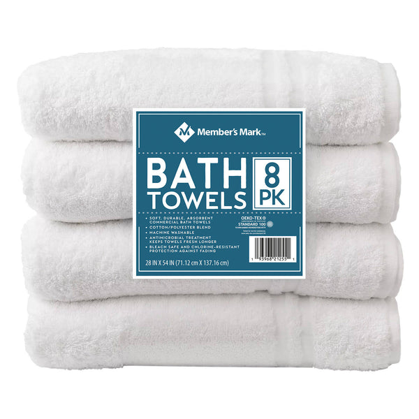 Member's Mark Commercial Hospitality Bath Towels, White (8 Count)