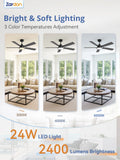 Zardon 52 in Black Ceiling Fan with LED Light and Remote, Downrod 6-Speed and Quiet Reversible DC Motor for Bedroom, Living Room, Indoor