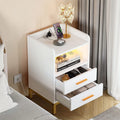 DEXTRUS Side Table with Charging Station, 3 - Drawer LED Light Bedside End Table Nightstand for Bedroom Living Room Small Space, White