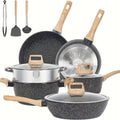 Non - Stick 12 POTS and Pans Set, Cookware Set, Including Frying Pan, Steamer, Silicone Spatula and Tongs - Granite Cooking Set (Black)