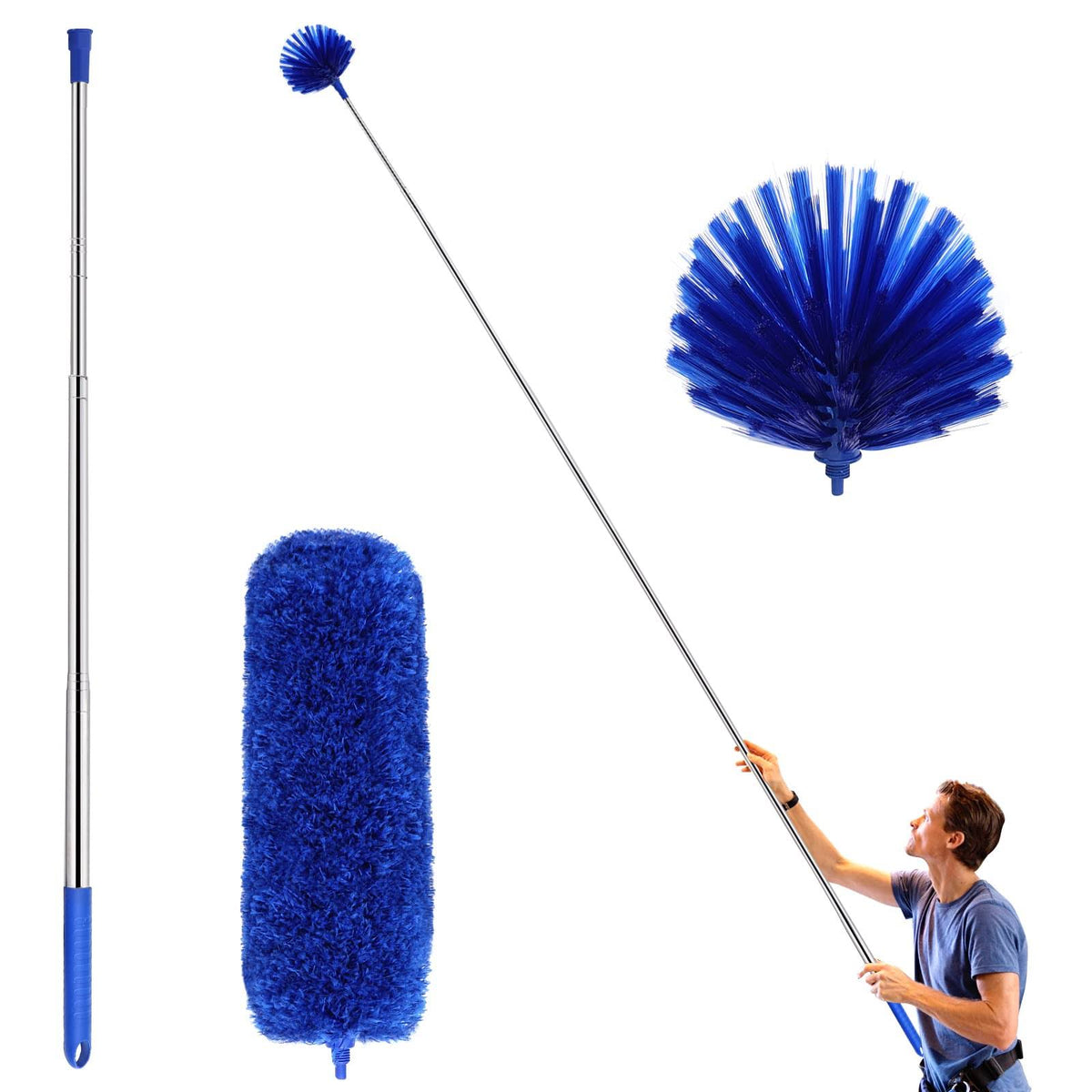 Ceiling Fan Duster with Extension Pole, Cobweb & Corner Brush Cleaning Kit W 2 Duster Heads for Cleaning,15 - 100 inch Long Handle Aluminum