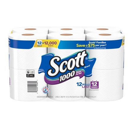 Scott Bathroom Tissue, 1000, Unscented, One-Ply - 12 rolls