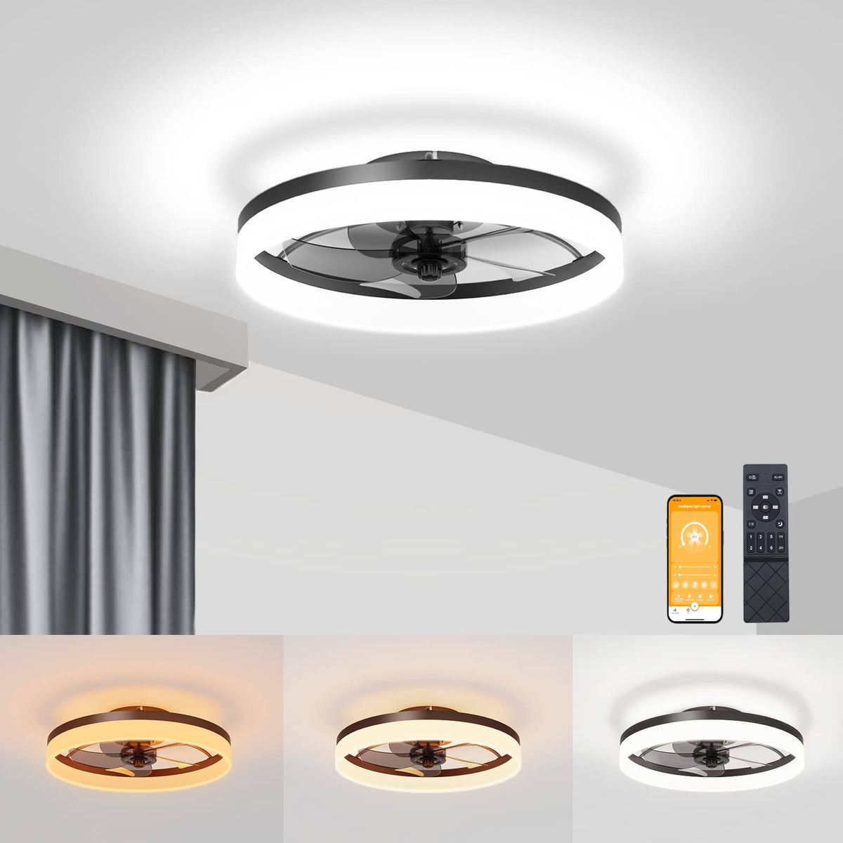VOLISUN Low Profile Ceiling Fans with Lights and Remote, Fandelier Ceiling Fan Flush Mount 19.7inch, 3000K - 6500K Smart Bladeless LED Fan Light