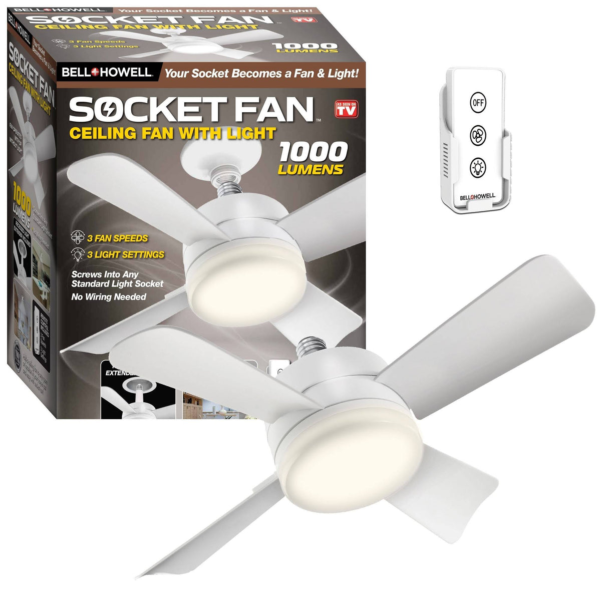 Socket Ceiling Fan with Warm Light and Remote Control 1000 Lumens - Bell + Howell