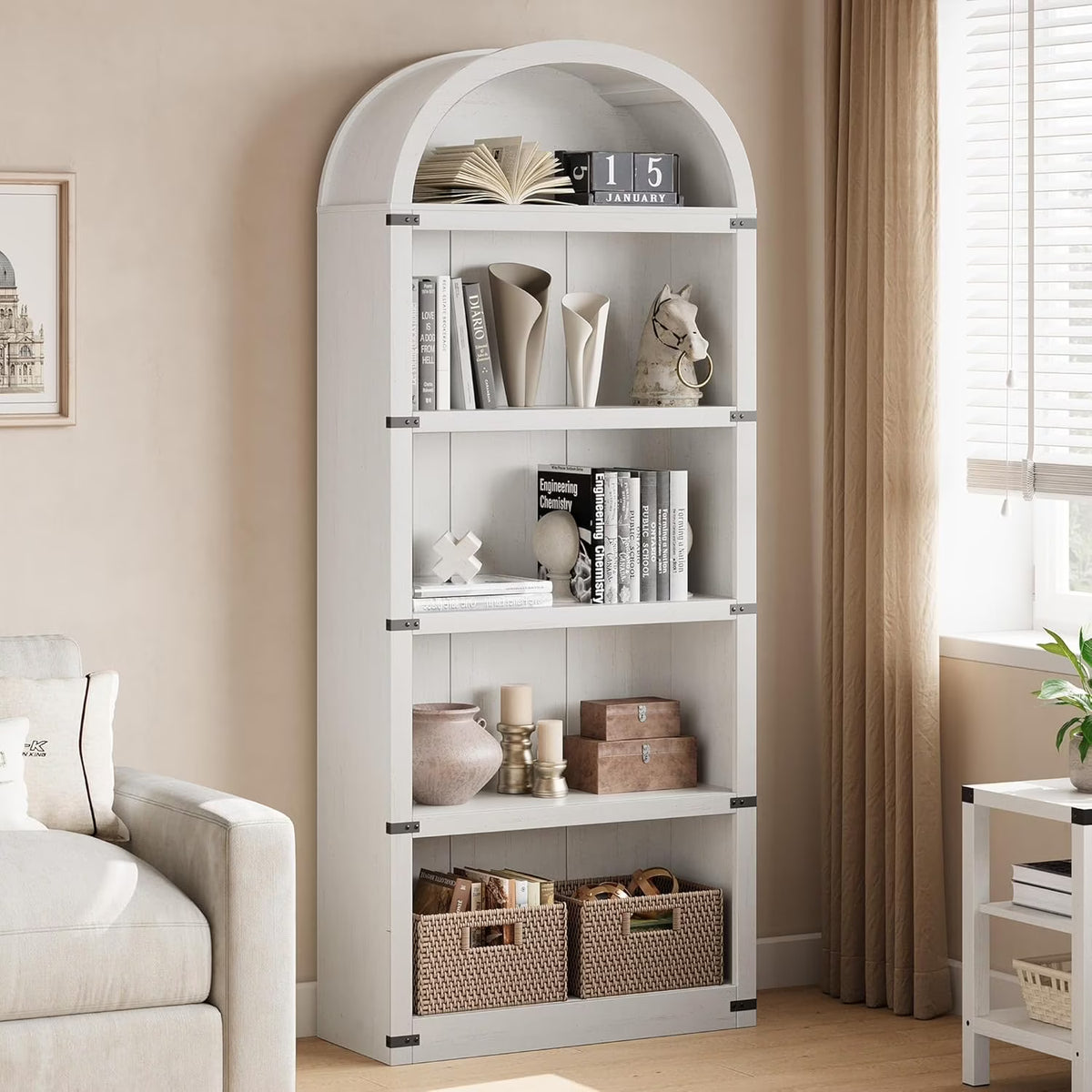 Bookcase 5 Shelf Arched Bookshelf 71.65in Tall Bookcase Farmhouse Display Storage Rack Wooden Bookshelves for Home Office, Living Room(White)