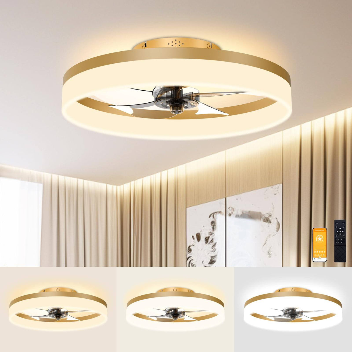 VOLISUN Low Profile Ceiling Fans with Lights and Remote, 19.7in Fandelier Ceiling Fan Flush Mount, 3000K - 6500K Smart Bladeless LED Fan Light, Gold