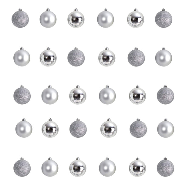 Nearly Natural Holiday Christmas 30 Count 2.5in. Shatterproof Ornament Set with Re-Useable Storage Container, Silver