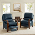 Set of 2 Alex Mid - Century Modern Genuine Leather Manual Recliners with Curved Wooden Arms