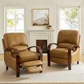 Set of 2 Alex Mid - Century Modern Genuine Leather Manual Recliners with Curved Wooden Arms