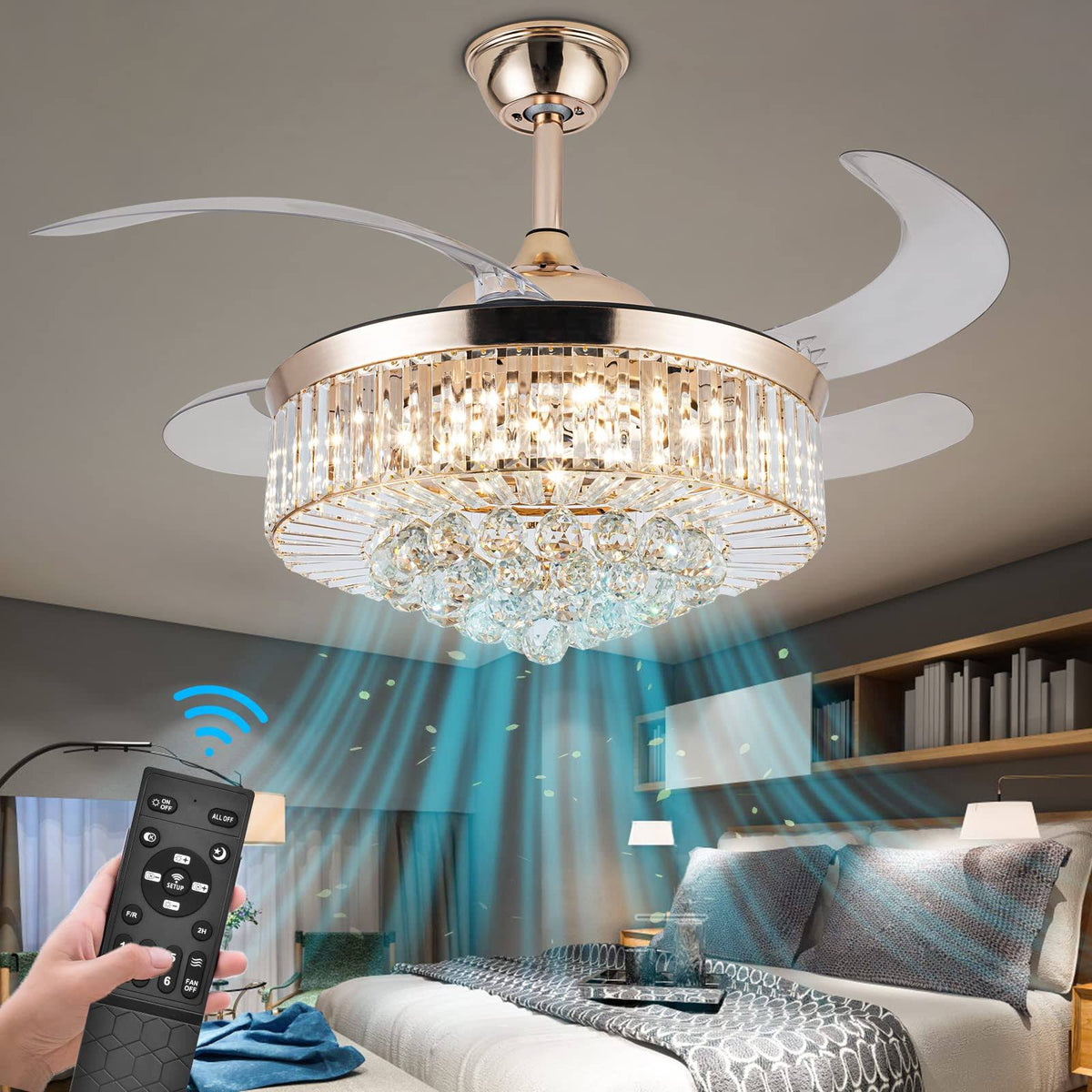Crystal Ceiling Fan with Light,42 inch LED 3 Color Remote Control Retractable Invisible Blades 3 Speeds Indoor Ceiling Light Kits with Fans for