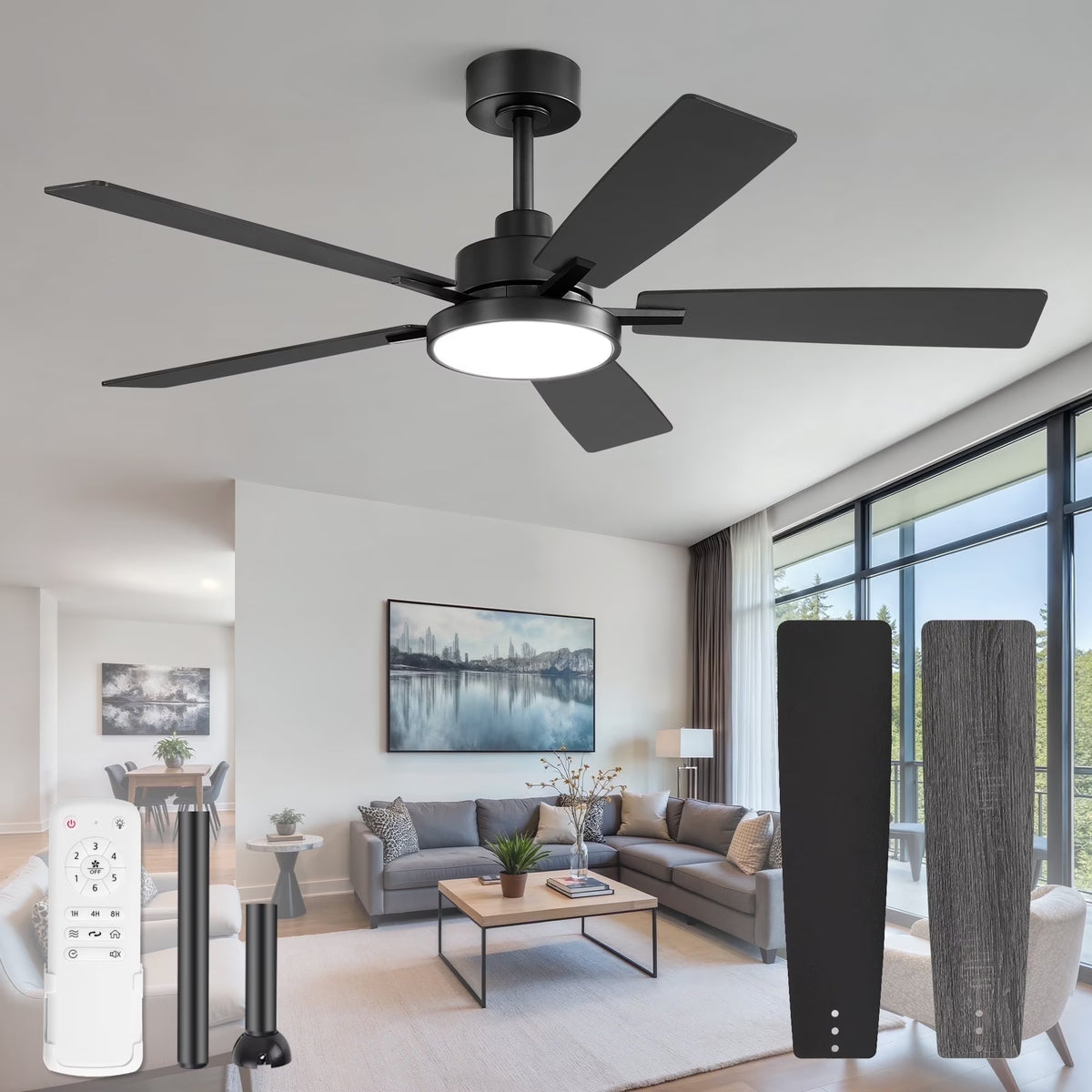 Zardon 52 in Black Ceiling Fan with LED Light and Remote, Downrod 6-Speed and Quiet Reversible DC Motor for Bedroom, Living Room, Indoor