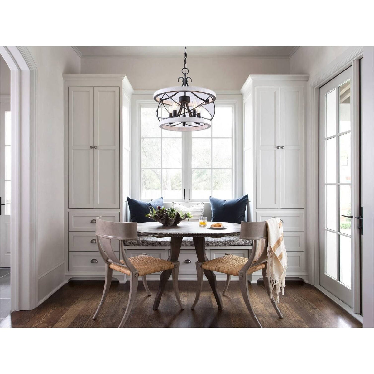 Oaks Aura Farmhouse 5-Light Cage Rustic Wood Chandelier, Adjustable Industrial Pendant Ceiling Light for Kitchen Dining Room - Distressed White