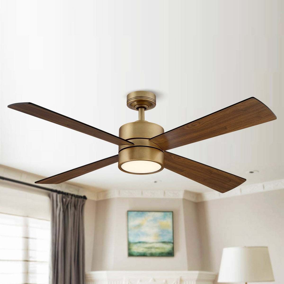 52" Wooden 4 - Blade Brushed Brass LED Ceiling Fan with Remote - Walnut