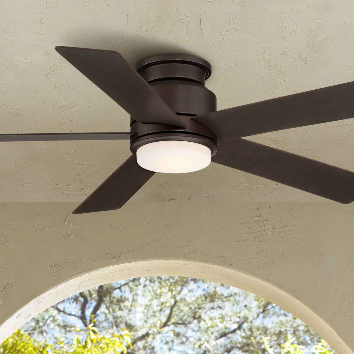 Casa Vieja 52" Grand Palm Modern Outdoor Hugger Ceiling Fan with Dimmable LED Light Remote Control Oil Rubbed Bronze White Opal Glass Damp Rated for