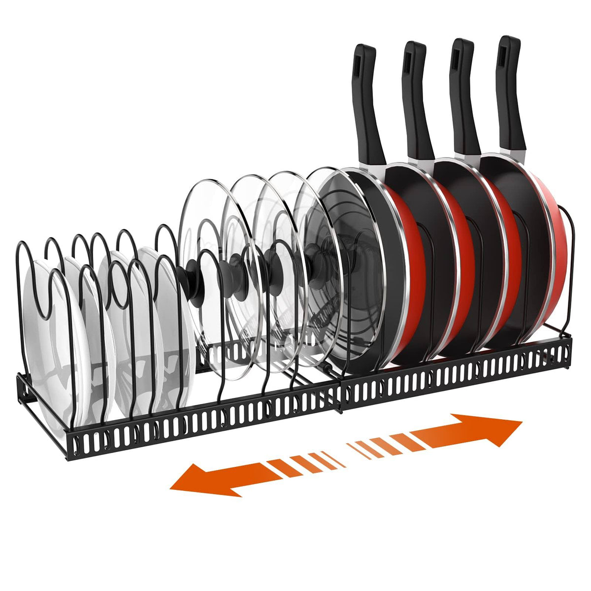 Housolution Pot and Pan Organizer Rack for Cabinet, Expandable Pot Lid Organizer Holder with 14 Adjustable Dividers, Cutting Board Cookware Organizer