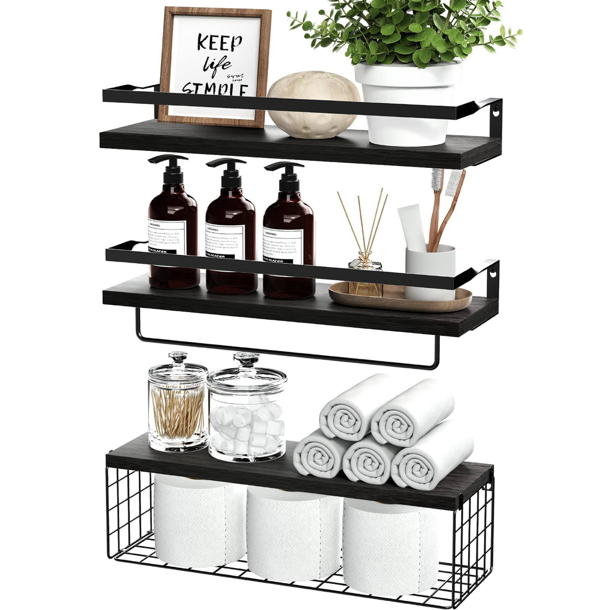 Floating Shelves with Storage Basket, Over Toilet Paper Holder Storage Shelves, Wall Mounted Rustic Wood Shelves for Bathroom, Bedroom, Living Room,
