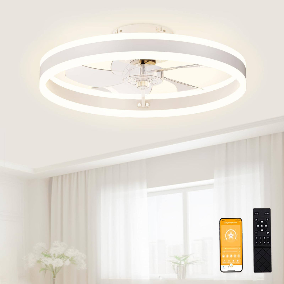 VOLISUN Low Profile Ceiling Fans with Light and Remote, 19.7in Modern Fandelier Ceiling Fan Light, 3000K - 6500K Dimmable Flush Mount LED Fan Light