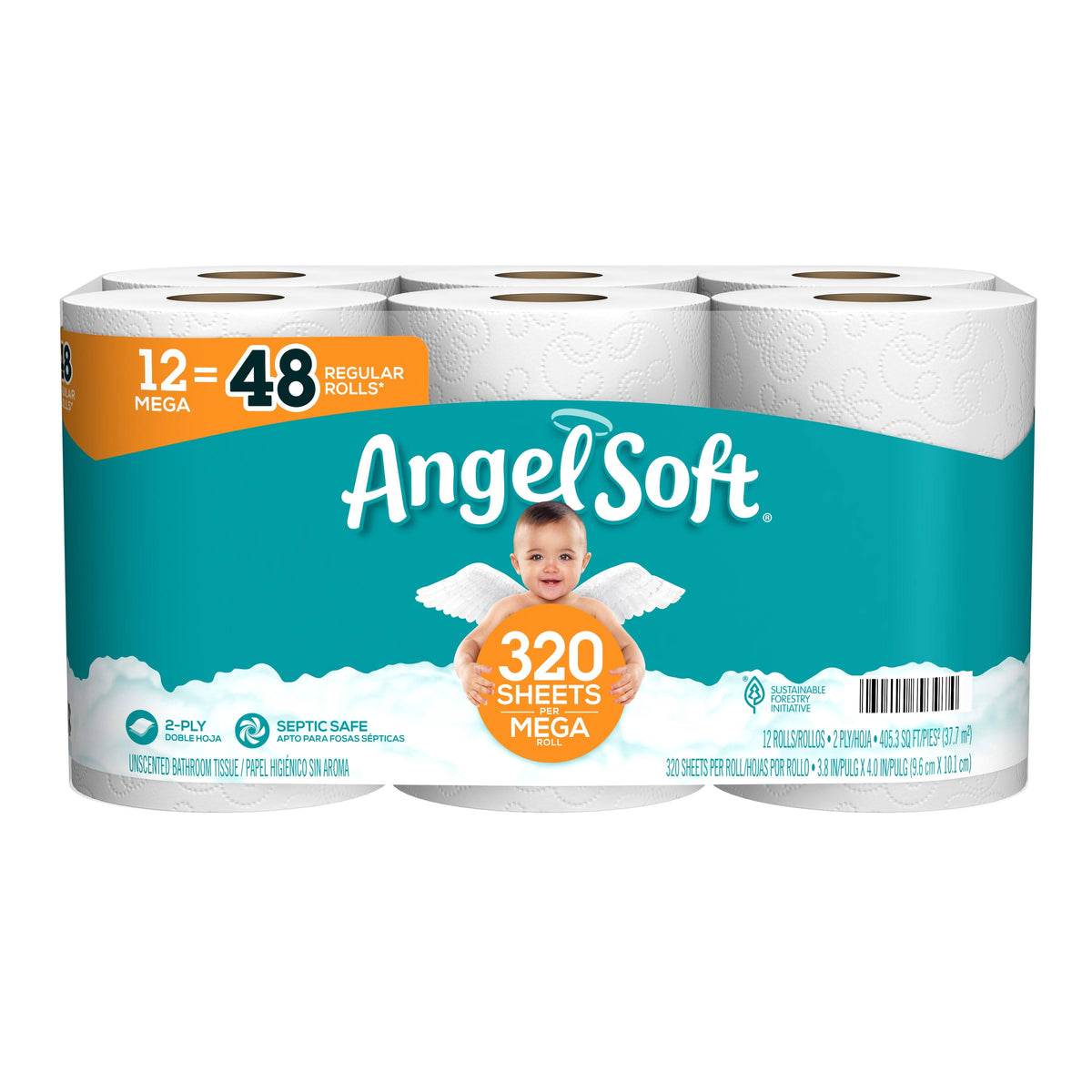 Angel Soft Bathroom Tissue, Unscented, Mega Roll, 2 Ply - 12 rolls